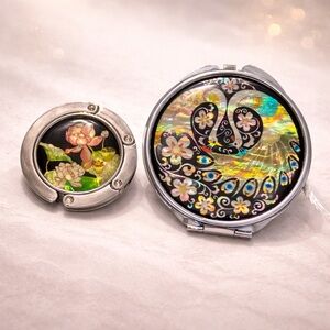 Antique Alive Peacock Mirror & Purse Hook Set w/ Original Box